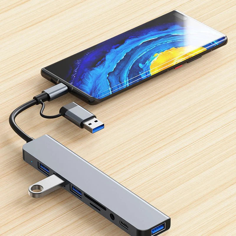 OULLX| 8-in-2 USB + Type-C Hub with Audio Jack & Card Reader