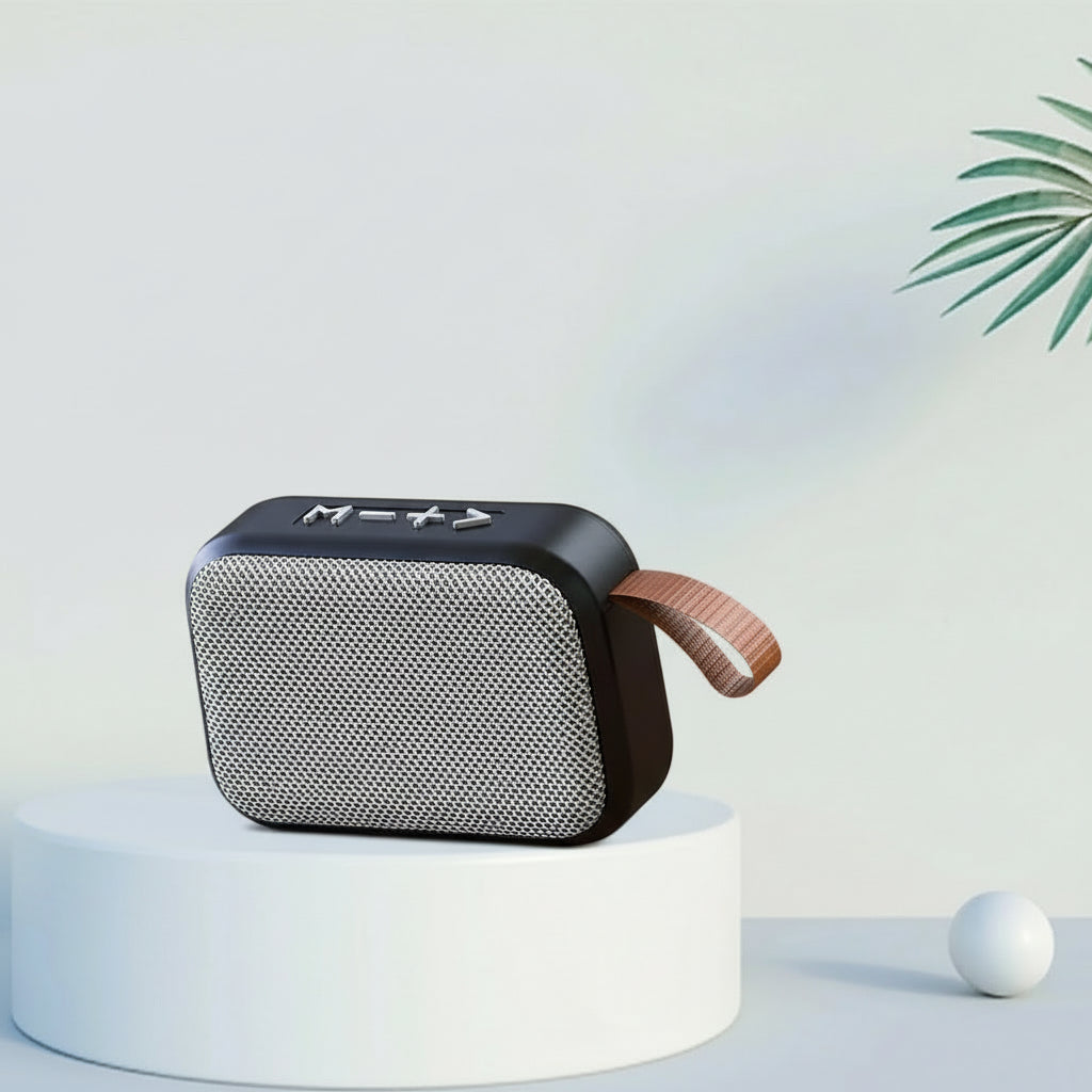 Bluetooth speaker with text about its features on a light background