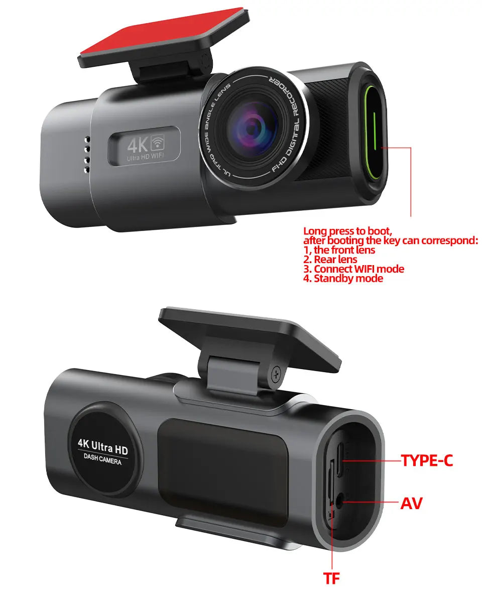 4K UHD Dash Cam with Night Vision, Wi-Fi, and GPS Support