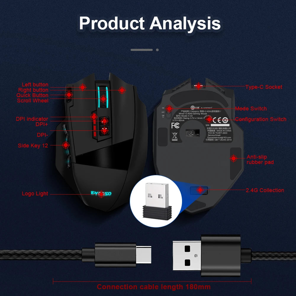 E-YOOSO X-33 RGB Wireless Gaming Mouse (2.4G + USB-C Dual Mode)  16,000 DPI | 16 Programmable Buttons | RGB Backlight | Rechargeable Wireless & Wired Dual-Mode Mouse