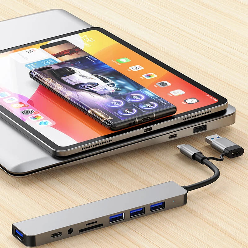 OULLX| 8-in-2 USB + Type-C Hub with Audio Jack & Card Reader