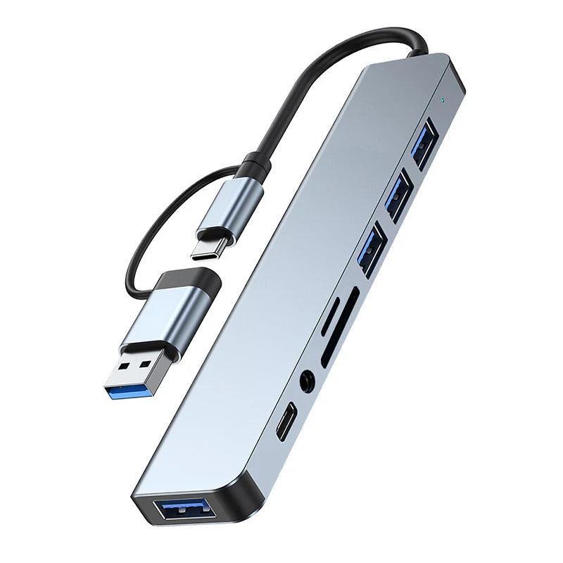 OULLX| 8-in-2 USB + Type-C Hub with Audio Jack & Card Reader