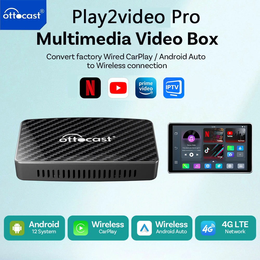 OTTOCAST Play2Video Pro AI Box Pro  Wireless CarPlay & Android Auto Adapter | Built-In YouTube, Netflix, TikTok, and IPTV Streaming Box