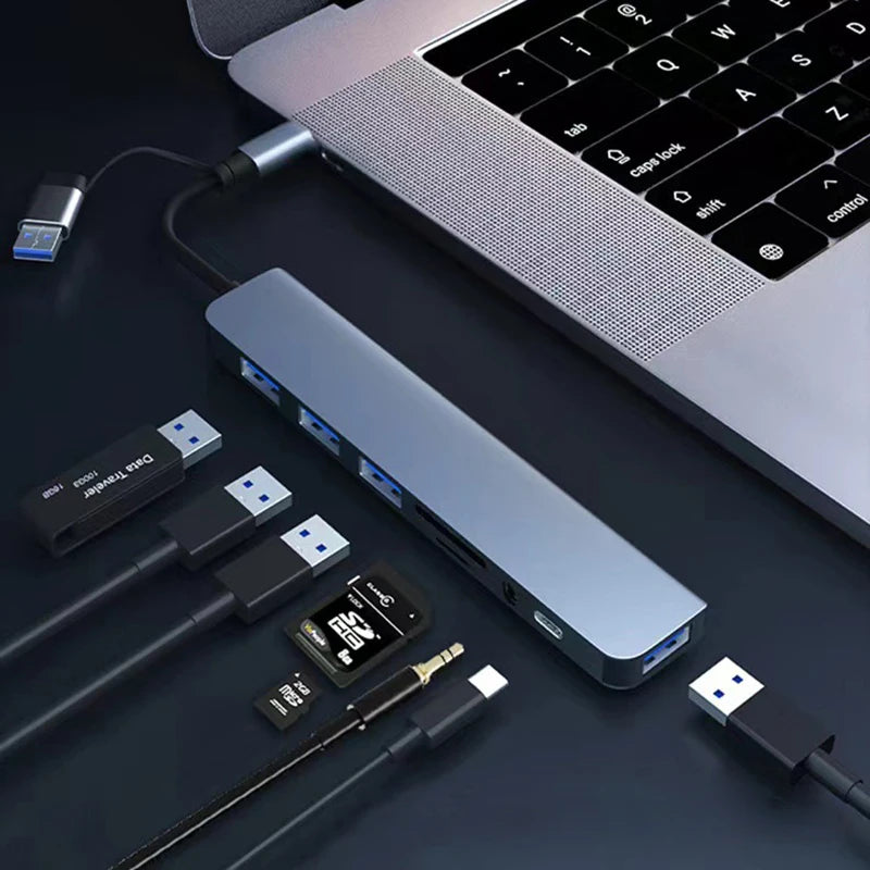 OULLX| 8-in-2 USB + Type-C Hub with Audio Jack & Card Reader