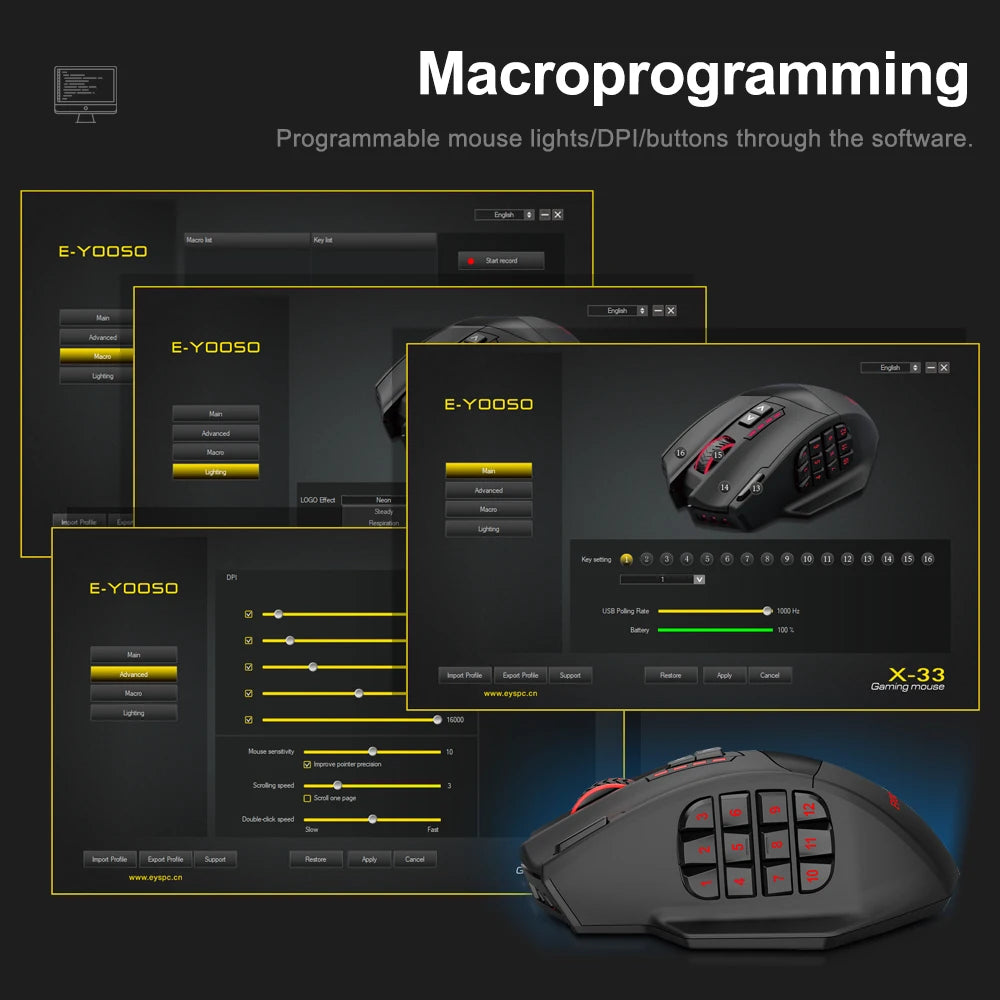 E-YOOSO X-33 RGB Wireless Gaming Mouse (2.4G + USB-C Dual Mode)  16,000 DPI | 16 Programmable Buttons | RGB Backlight | Rechargeable Wireless & Wired Dual-Mode Mouse