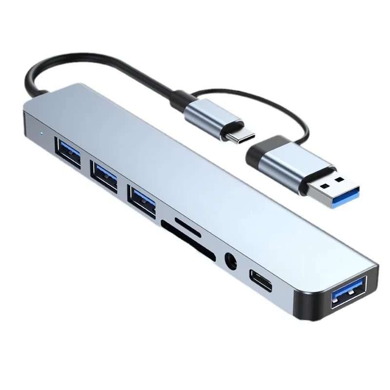 OULLX| 8-in-2 USB + Type-C Hub with Audio Jack & Card Reader